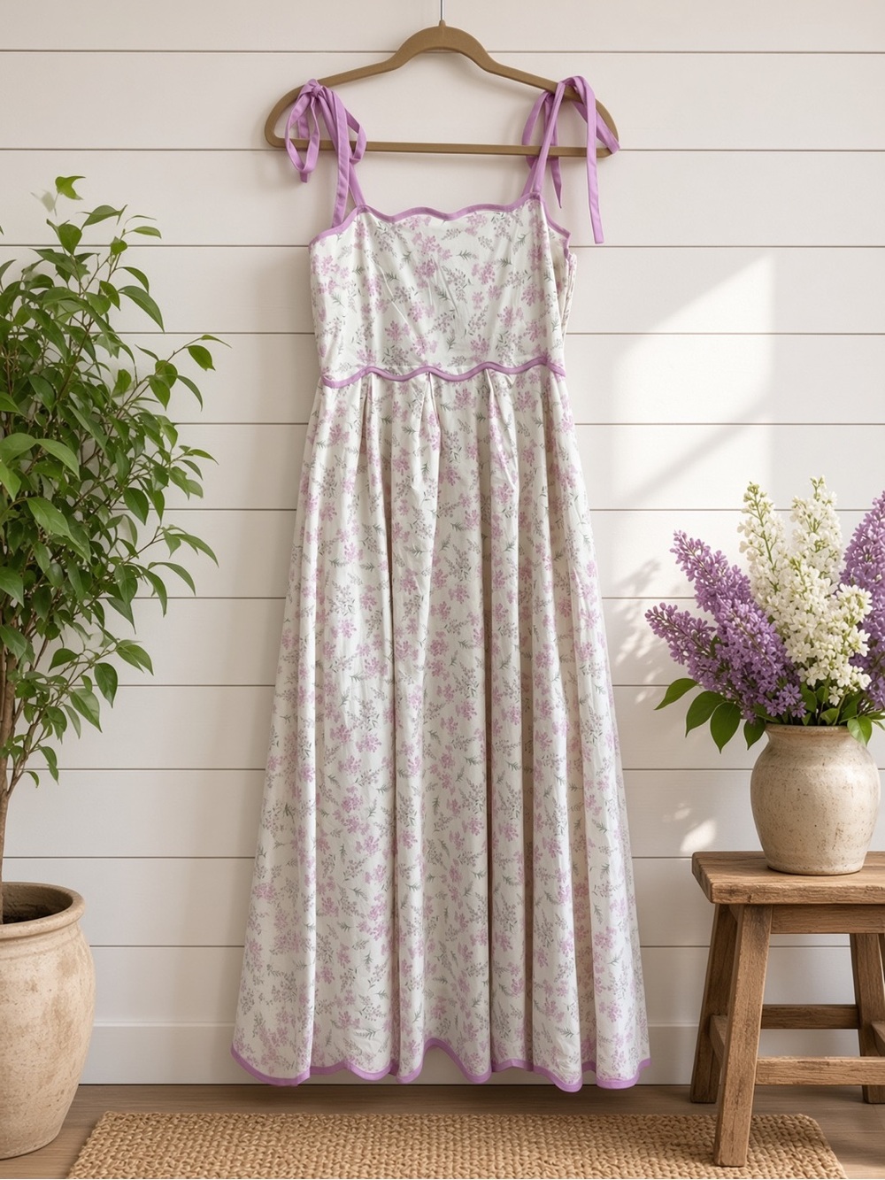Floral Print Scallop Hem Contrast Self Tie Strap Midi Dress Small